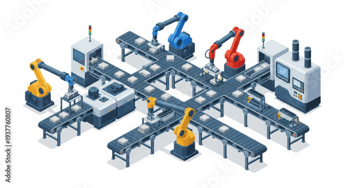 Industrial robots working together on assembly lines in a modern manufacturing facility viewed from above