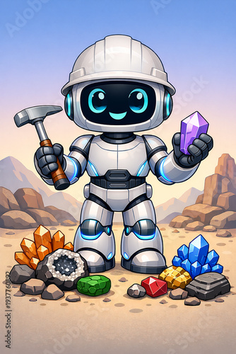 Vector Illustration of Adorable AI Robotic Geologist character standing with geological tool