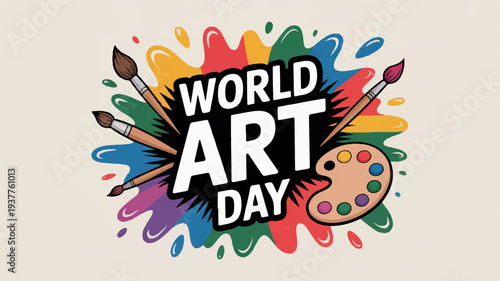 Vibrant world art day illustration with paintbrushes and palette surrounded by colorful splatters and abstract shapes