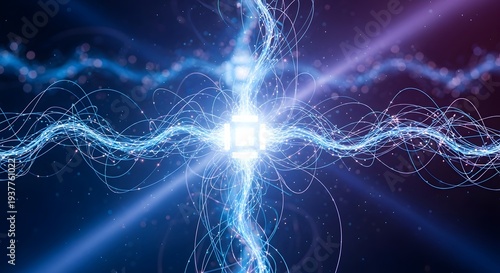 Abstract energy burst with blue light trails and glowing center.