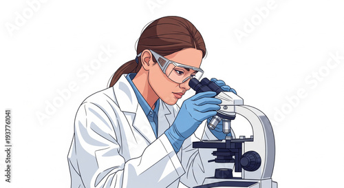 Scientist examining specimen through microscope in laboratory setting, close-up view of equipment and researcher