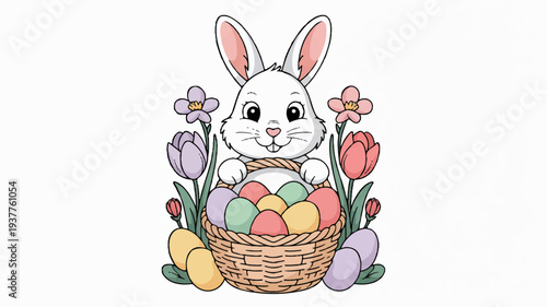 Adorable white easter bunny with pastel eggs in wicker basket surrounded by colorful tulips and flowers soft illustration spring holiday theme cute