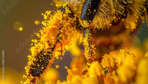 Closeup of a Bee Covered in Pollen Grains Collecting Nectar from Yellow Flowers