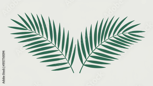 Two green palm leaves forming a heart shape on a light gray background symbolizing love and nature