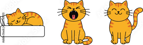 Cute Cat Cartoon Character Set Showing Sleeping, Yawning and Happy Expressions, Adorable Orange Kitten Illustration for Pet Lovers, Stickers and Animal Design