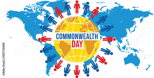Commonwealth Day Celebration Illustration with Global People Around Globe and World Map Background, International Unity, Diversity and Cultural Cooperation Concept