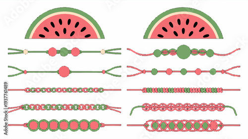 Watermelon themed beaded bracelets with green and pink beads and watermelon slice icons on a white background perfect for summer accessories