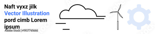 Renewable energy, sustainability, technology innovation, clean energy production, eco-friendly design, industry. Minimalist cloud, wind turbine and gear symbols. Renewable energy and sustainability