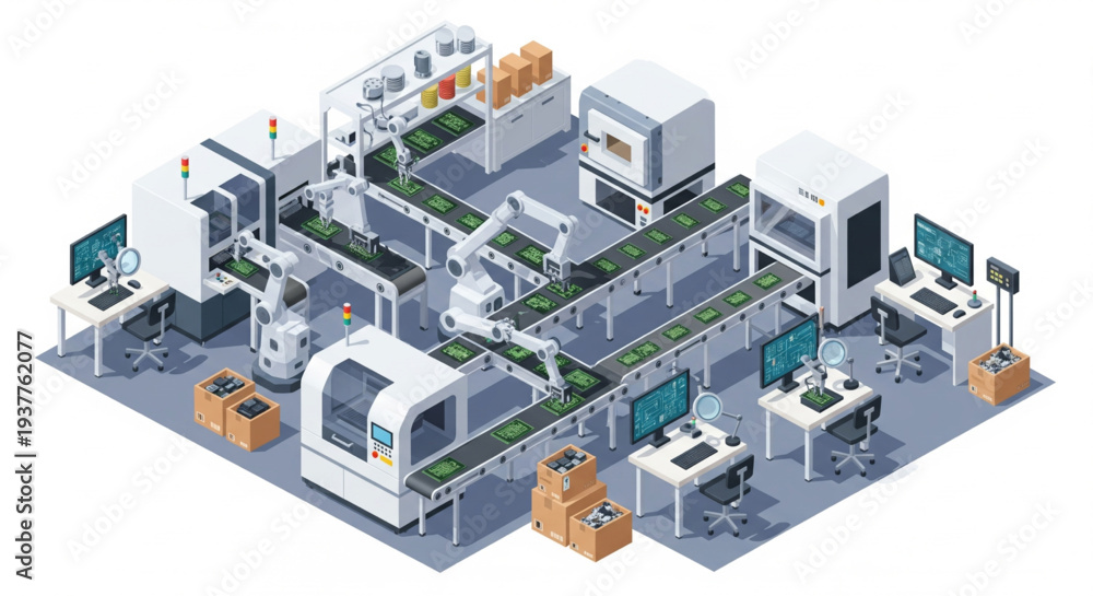 Obraz premium Isometric illustration of an industrial manufacturing facility with machinery and production lines from an overhead viewpoint.