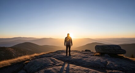 Fototapete Grau 2 A lone hiker stands on a rocky outcrop, gazing out at a breathtaking mountainous landscape during a serene sunrise, evoking a sense of adventure and tranquility.  © sufian