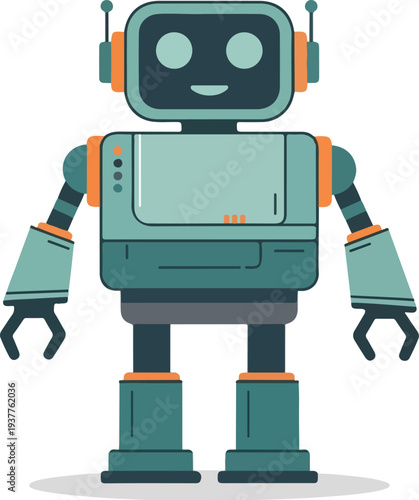 Teal robot with orange accents standing on white background