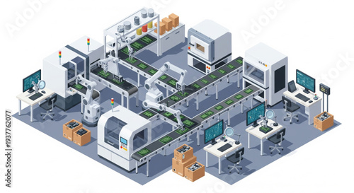 Isometric illustration of an industrial manufacturing facility with machinery and production lines from an overhead viewpoint.