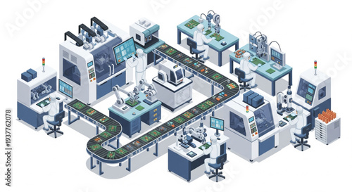 Manufacturing facility illustration showcasing industrial machinery and production line workflow from an aerial viewpoint