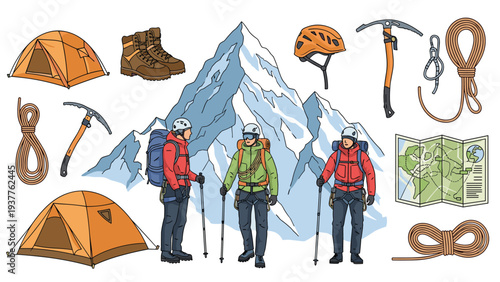 Detailed set of mountaineering and climbing equipment featuring tents, boots, ropes, ice axes, and climbers against snowy peaks.