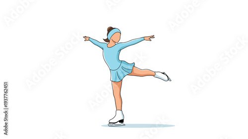 Young female figure skater in a blue dress performing a graceful athletic pose on ice against a plain white background.