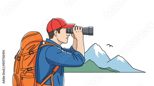 Active hiker with a large orange backpack and red cap looking through binoculars at a mountain landscape on white background.