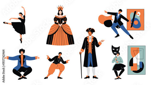Theatrical characters dressed in diverse costumes including a ballerina, a queen, and actors with masks and paintings.