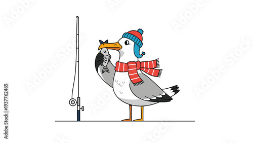 Cheerful cartoon seagull wearing a winter hat and scarf holding a fresh fish next to a fishing rod on white background.