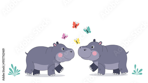 Gentle illustration of two purple hippos walking towards each other with colorful butterflies fluttering above them in nature.