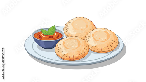 Three golden-brown fried pastries served on a white plate with a bowl of red tomato sauce garnished with fresh basil leaves.