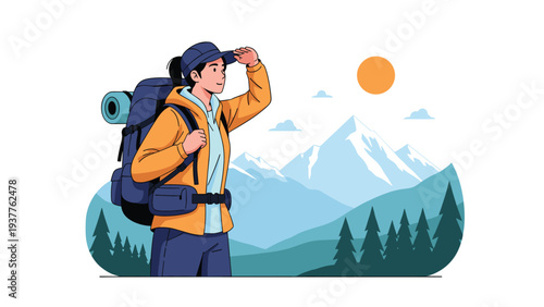 Determined female hiker with a large backpack standing in a mountain landscape looking at the orange sun over the peaks.