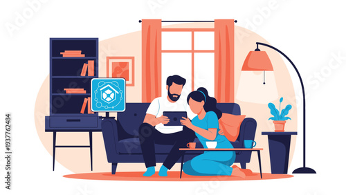 Modern couple sitting on a sofa in a living room using a tablet to control smart home automation systems shown on a screen.