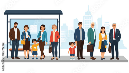 Diverse group of men, women, and children standing together at a city bus stop against a metropolitan skyline background.