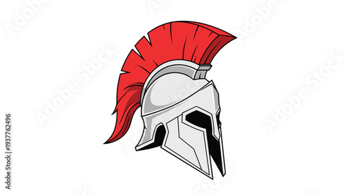 Detailed illustration of an ancient spartan or greek warrior helmet featuring a prominent red feathered crest on top.