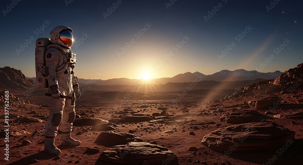 Obraz premium Astronaut in a white spacesuit stands on a barren, rocky planet surface, gazing out at a distant sunrise, evoking a sense of wonder and exploration in a desolate, otherworldly landscape.