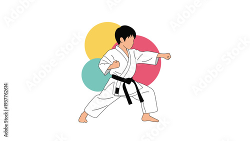 Young boy dressed in a traditional white karate gi with a black belt performs a powerful punch pose in front of circles.