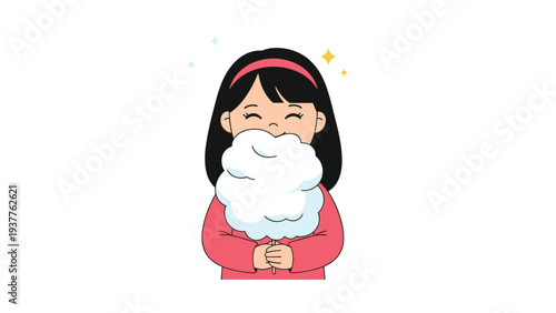Young girl with black hair and a red headband smiles while holding a large, fluffy white cloud of sugary cotton candy.