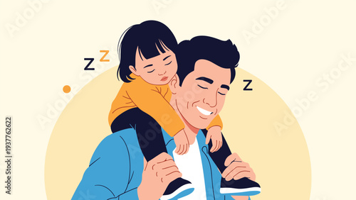 Loving father carries a sleeping young child on his shoulders with a gentle smile against a warm yellow background.