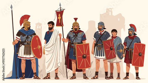 Group of ancient Roman soldiers in various armor and a man in a white toga standing together before historical ruins.