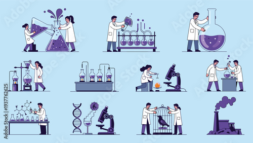 Diverse scientists conducting experiments with flasks, beakers, microscopes, and chemical reactions in a modern purple lab.