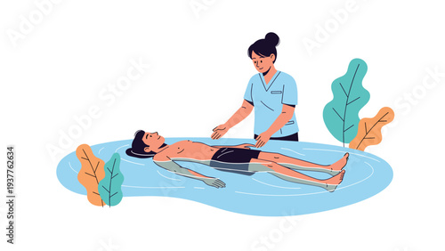 Medical professional provides aquatic therapy to a patient floating in a blue pool surrounded by decorative tropical leaves.