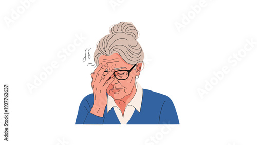 Elderly woman wearing glasses and a blue sweater holds her head in pain while suffering from a severe migraine headache.