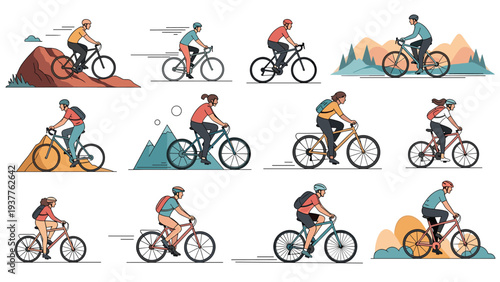 Large set of diverse cyclists riding various types of bicycles through mountainous landscapes and city environments.