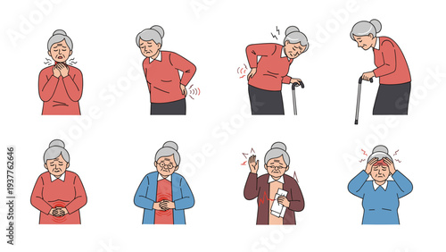 Elderly woman in a red sweater experiences various symptoms including sore throat, back pain, and a severe headache.