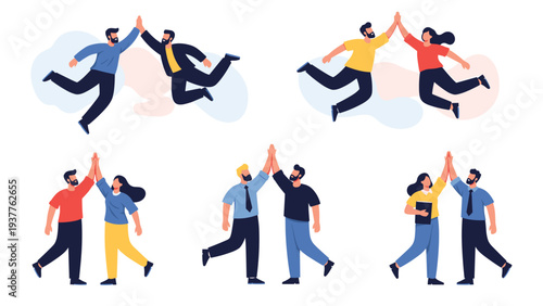 Multiple pairs of diverse men and women joyfully celebrating by giving each other energetic high fives in various poses.