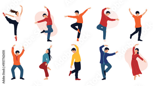 Diverse group of people in vibrant clothing performing various contemporary and traditional dance styles and poses.
