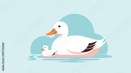 white mother duck and her small duckling swimming together on calm blue rippling water.