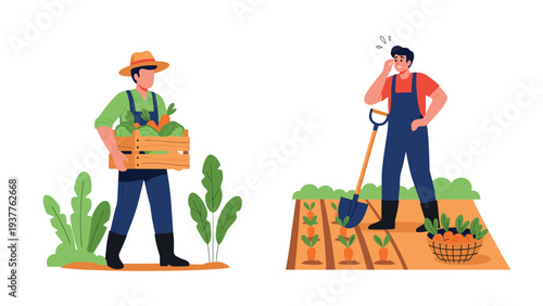 Farmers working in a lush vegetable garden, one carrying a crate of fresh produce and the other digging with a shovel.
