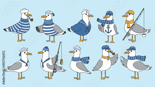 Whimsical collection of seagull characters dressed as sailors and fishermen with pipes, hats, scarves, and fishing rods.