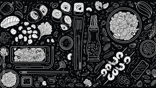 Intricate black and white line art pattern featuring an assortment of sushi rolls, noodles, seafood, and Asian cuisine.