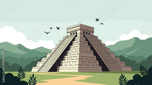 Majestic stone Mayan pyramid situated in a lush green jungle landscape with birds flying over ancient mountain peaks.