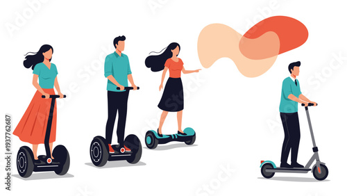 Group of people commuting on various electric personal transport vehicles including segways and an electric scooter.