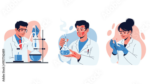 Professional scientists in white lab coats conducting complex chemical experiments with blue liquids and glass beakers.