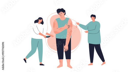 Man suffering from a visible red skin rash on his arms and body is assisted by two concerned people with a bowl.