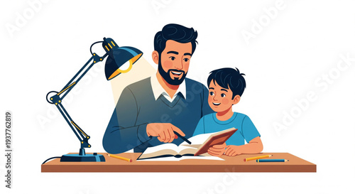 Father and son studying together at a desk with a lamp and books, indoors, from a straightforward view