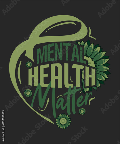 Mental health matter creative ribbon concept with green floral elements on dark background